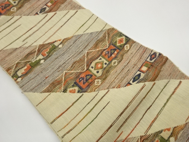 Nagoya obi, hand-woven tsumugi with diagonal horizontal stripes and abstract pat